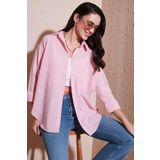 Lela Regular Fit Uzun Kollu Cepli Çizgili Bayan Gömlek 6772895 Şeker Pembe