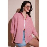 Lela Regular Fit Uzun Kollu Cepli Çizgili Gömlek Bayan Gömlek 6772895 - Kırmızı