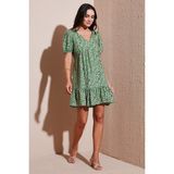 Lela Regular Fit V Yaka Balon Kol Desenli Mini Elbise Bayan Elbise 67810045 - Yeşil