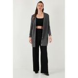 Lela Regular Fit V Yaka Düğmeli Triko Örme Uzun Bayan Hırka 4615044 Koyu Gri