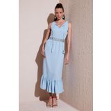 Lela Regular Fit Volanlı Kolsuz Midi Bayan Elbise 611EL574 BEBE MAVİ