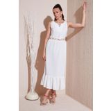 Lela Regular Fit Volanlı Kolsuz Midi Bayan Elbise 611EL574 EKRU