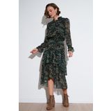 Lela Regular Fit Yaka Detaylı Volanlı Şifon Midi Bayan Elbise 611EL1448 YEŞİL
