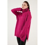 Lela Regular Fit Yanları Yırtmaçlı Boğazlı Yaka Uzun Triko Bayan Kazak 4616141Y Fuşya