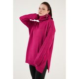 Lela Regular Fit Yanları Yırtmaçlı Boğazlı Yaka Uzun Triko Kazak Bayan Kazak 4616141Y - Standart - Fuşya