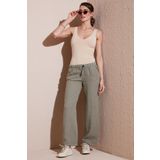 Lela Relaxed Fit Normal Bel Geniş Paça Çİft Cepli Keten Bayan Pantolon 668YP4991 HAKİ