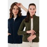 Lela Slim Fit Anti-Pilling Tüylenme Yapmayan Fermuarlı Cepli Hırka 2' li Paket Bayan Polar 5907002S2 HAKİ-LACİVERT
