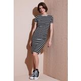 Lela Slim Fit Çizgili Pamuklu Bisiklet Yaka Kısa Kollu Midi Bayan Elbise 5865700 SİYAH-BEYAZ