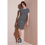 Lela Slim Fit Çizgili Pamuklu Bisiklet Yaka Kısa Kollu Midi Elbise Bayan Elbise 5865700 - Siyah - Beyaz - XL