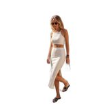 Lela Slim Fit İp Askılı Yırtmaçlı Takım, Kahverengi, XL