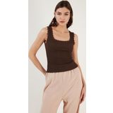 Lela Slim Fit Kalın Askılı Dantelli Kare Yaka Bürümcük Bayan Atlet 5864979 KAHVE