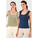 Lela Slim Fit Kalın Dantelli Kare Yaka Bürümcük 2'li Paket Atlet Bayan Atlet 5864979S2 - Açık Yeşil - Lacivert