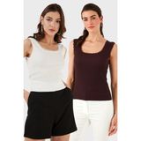 Lela Slim Fit Kalın Dantelli Kare Yaka Bürümcük 2'li Paket Atlet Bayan Atlet 5864979S2 - Ekru - Bordo