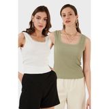 Lela Slim Fit Kalın Dantelli Kare Yaka Bürümcük 2'li Paket Atlet Bayan Atlet 5864979S2 - Ekru - Olive