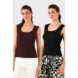 Lela Slim Fit Kalın Dantelli Kare Yaka Bürümcük 2'li Paket Atlet Bayan Atlet 5864979S2 - Siyah - Bordo