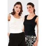 Lela Slim Fit Kalın Dantelli Kare Yaka Bürümcük 2'li Paket Atlet Bayan Atlet 5864979S2 - Siyah - Ekru