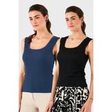 Lela Slim Fit Kalın Dantelli Kare Yaka Bürümcük 2'li Paket Atlet Bayan Atlet 5864979S2 - Siyah - İndigo