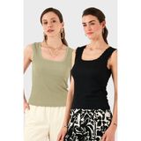 Lela Slim Fit Kalın Dantelli Kare Yaka Bürümcük 2'li Paket Atlet Bayan Atlet 5864979S2 - Siyah - Olive