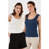Lela Slim Fit Kalın Dantelli Kare Yaka Bürümcük 2'li Paket Bayan Atlet 5864979S2 Ekru-İndigo
