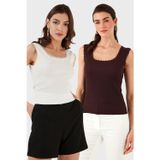 Lela Slim Fit Kalın Dantelli Kare Yaka Bürümcük 2'li Paket Bayan Atlet 5864979S2 EKRU-VİŞNE