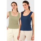 Lela Slim Fit Kalın Dantelli Kare Yaka Bürümcük 2'li Paket Bayan Atlet 5864979S2 Olive-İNDİGO