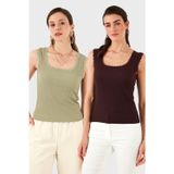 Lela Slim Fit Kalın Dantelli Kare Yaka Bürümcük 2'li Paket Bayan Atlet 5864979S2 Olive-VİŞNE