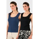 Lela Slim Fit Kalın Dantelli Kare Yaka Bürümcük 2'li Paket Bayan Atlet 5864979S2 SİYAH-İNDİGO