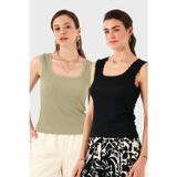 Lela Slim Fit Kalın Dantelli Kare Yaka Bürümcük 2'li Paket Bayan Atlet 5864979S2 SİYAH-Olive