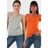 Lela Slim Fit V Yaka Kalın Askılı 2' li Paket Bayan Bluz 5864384S2 ÇAĞLA-ORANJ
