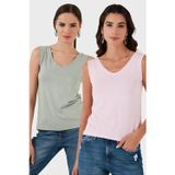 Lela Slim Fit V Yaka Kalın Askılı 2' li Paket Bayan Bluz 5864384S2 ÇAĞLA-TOZ PEMBE
