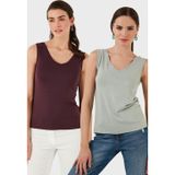 Lela Slim Fit V Yaka Kalın Askılı 2' li Paket Bayan Bluz 5864384S2 ÇAĞLA-VİŞNE