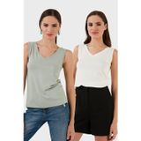 Lela Slim Fit V Yaka Kalın Askılı 2' li Paket Bayan Bluz 5864384S2 EKRU-ÇAĞLA