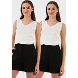 Lela Slim Fit V Yaka Kalın Askılı 2' li Paket Bayan Bluz 5864384S2 EKRU-EKRU