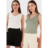 Lela Slim Fit V Yaka Kalın Askılı 2' li Paket Bayan Bluz 5864384S2 Ekru-Olive