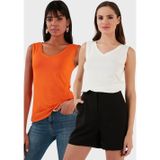 Lela Slim Fit V Yaka Kalın Askılı 2' li Paket Bayan Bluz 5864384S2 Ekru-Oranj