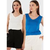 Lela Slim Fit V Yaka Kalın Askılı 2' li Paket Bayan Bluz 5864384S2 Ekru-Saks