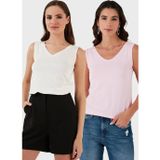 Lela Slim Fit V Yaka Kalın Askılı 2' li Paket Bayan Bluz 5864384S2 EKRU-TOZ PEMBE