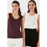Lela Slim Fit V Yaka Kalın Askılı 2' li Paket Bayan Bluz 5864384S2 EKRU-VİŞNE