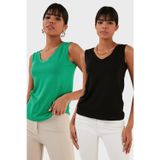 Lela Slim Fit V Yaka Kalın Askılı 2' li Paket Bayan Bluz 5864384S2 SİYAH-BENETTON