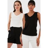 Lela Slim Fit V Yaka Kalın Askılı 2' li Paket Bayan Bluz 5864384S2 SİYAH-EKRU