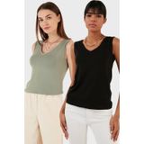 Lela Slim Fit V Yaka Kalın Askılı 2' li Paket Bayan Bluz 5864384S2 Siyah-Olive