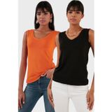 Lela Slim Fit V Yaka Kalın Askılı 2' li Paket Bayan Bluz 5864384S2 SİYAH-ORANJ
