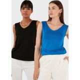 Lela Slim Fit V Yaka Kalın Askılı 2' li Paket Bayan Bluz 5864384S2 SİYAH-SAKS