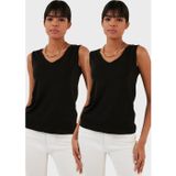 Lela Slim Fit V Yaka Kalın Askılı 2' li Paket Bayan Bluz 5864384S2 SİYAH-SİYAH