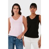 Lela Slim Fit V Yaka Kalın Askılı 2' li Paket Bayan Bluz 5864384S2 SİYAH-TOZ PEMBE