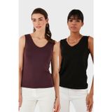 Lela Slim Fit V Yaka Kalın Askılı 2' li Paket Bayan Bluz 5864384S2 SİYAH-VİŞNE