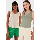 Lela Slim Fit V Yaka Kalın Askılı 2' li Paket Bayan Bluz 5864384S2 TAŞ-Olive