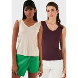 Lela Slim Fit V Yaka Kalın Askılı 2' li Paket Bayan Bluz 5864384S2 TAŞ-VİŞNE