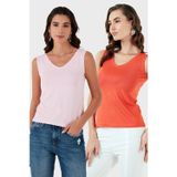 Lela Slim Fit V Yaka Kalın Askılı 2' li Paket Bayan Bluz 5864384S2 TOZ PEMBE-NAR ÇİÇEĞİ