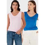 Lela Slim Fit V Yaka Kalın Askılı 2' li Paket Bayan Bluz 5864384S2 TOZ PEMBE-SAKS